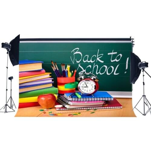 Back to School Backdrop Red Apple Clock Pencils Books Chalkboard Photography Background for Boys Girls Students