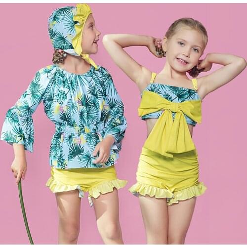 Girls Swimsuit Three Pieces Bikini Set Ruffle Falbala Swimwear Bathing Suits Kids Two Piece Swimsuit with Beach Cover Shirt Hat