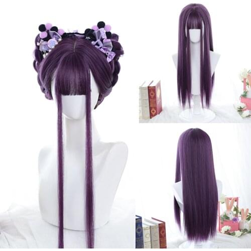 LANLAN Long Straight Purple Wig With Bangs Synthetic Hair Wigs Bang With Wig For Women Lolita Anime Cosplay Heat Resistant Wigs