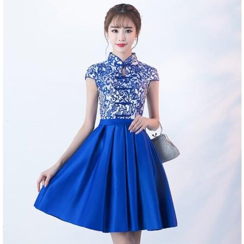 Fashion Blue And White Porcelain Chinese Dress Qipao Traditional Cheongsam Short Show Banquet Annual Meeting Evening Gown