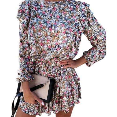 Fashion Women Mini Dress Autumn Long Sleeve Elegant Floral Leopard Print Flying Sleeve Round Neck Ruffle Layered Dresses Party