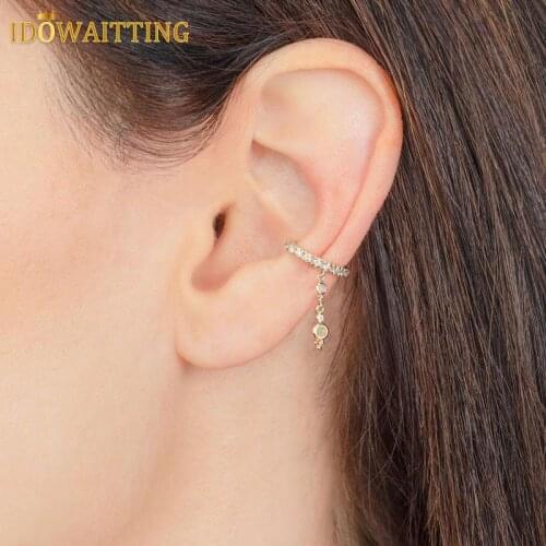 Fashion Clear CZ White Fire Opal Jewelry 925 Sterling Silver Round Circle Tassel Chain No Piercing Ear Cuff Clip On Earring