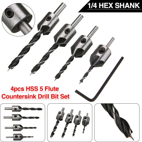 4pcs 5 Flute HSS Countersink Drill Bit Set Carpentry Reamer Woodworking Chamfer End Milling Hole Wood Tool 3-6mm