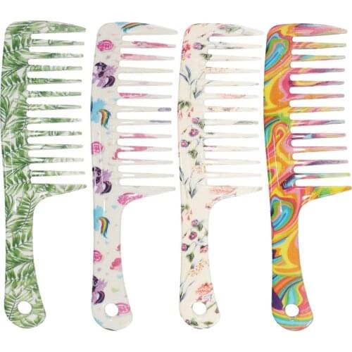 Blue ZOO4 Color Water Transfer Flower Large Tooth Comb Straight Handle Large Size Wide Tooth Comb Curling Comb Hot Comb