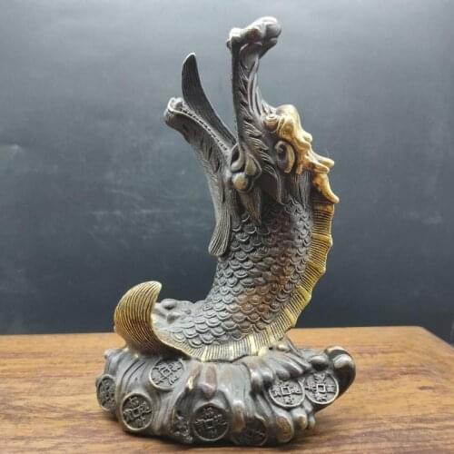 Make old copper brass Gilding Copper Dragon Head Fish Tail Traditional Chinese Coin good luck wealth Feng Shui Tabletop ornament