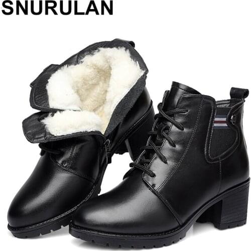 SNURULAN 2019 Fashion genuine leather ankle boots women winter wool warm boots martin black leather high heel boots