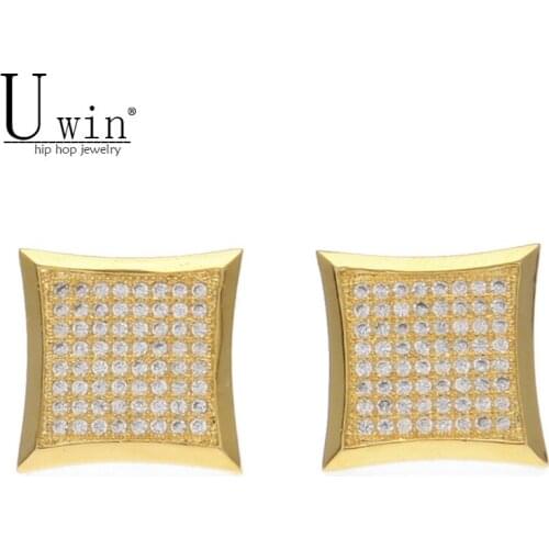 UWIN Shine! Men Women Earring Copper Nickel Cz Rhinestone Crystal Gold Square Shape Stud Earrings Hip hop Jewelry 12.5mmx12.5mm