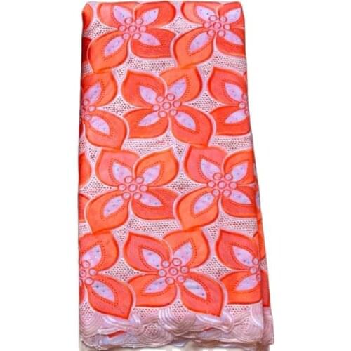 High quality orange African wedding lace fabric with stones 5 Yards cotton swiss voile lace-N8858