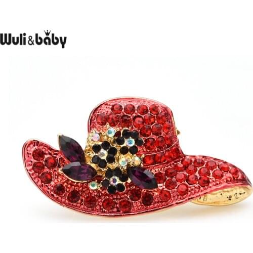 Wuli&baby Red Rhinestone Hat Brooches For Women Beauty Flower Hat Party Casual Brooch Pins Gifts