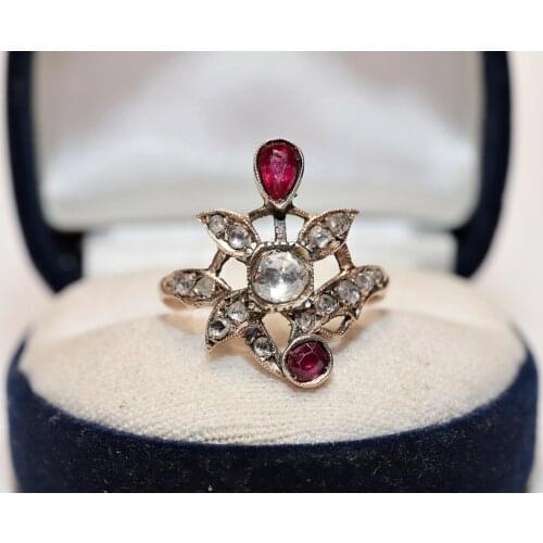 ANTİK ORİJİNAL OSMANLI 8K ALTIN ​​DOĞAL GÜL KESİM ELMAS VE YAKUT YÜZÜK