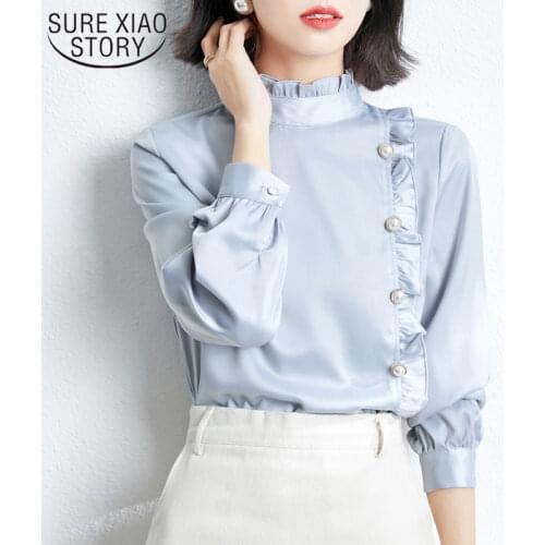 Spring Ruffled Ladies Shirts Korean Elegant Chiffon Shirt Loose Slim Blouse Women Stand Collar Long Sleeve Buttons Tops13201