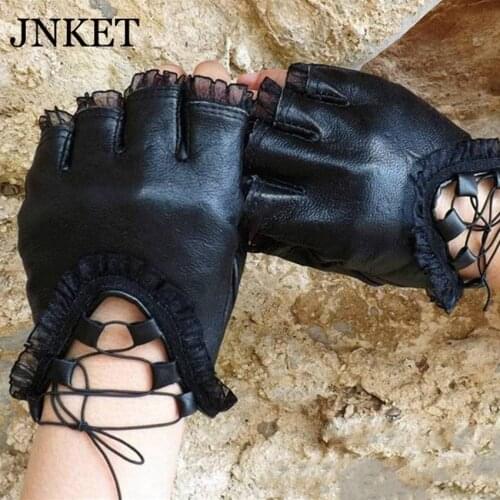 JNKET Womens Genuine Leather Gloves Fashion Entertainers Fingerless Lace Gloves Driving Sheepskin Lace Lacing Gloves
