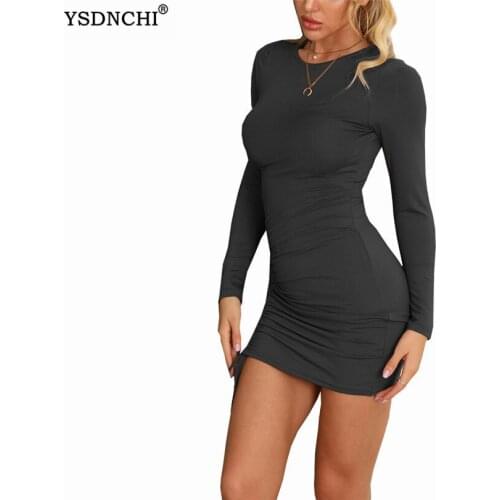 YSDNCHI Mini Bodycon Party Vestidos Pleated New Fashion Solid Ladies Sexy Black O Neck Women Long Sleeve Drawstring Dropship