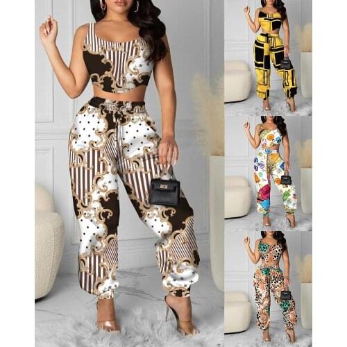 2 Piece Set Women Summer Tank And Pants Suits Tracksuit Fashion Printed Two Piece Sexy Crop Top Trousers Matching Female Outfit
