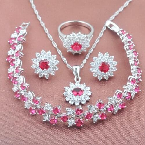 Rose Red Zirconia Silver Plated Womens Jewelry Sets Flower Design Bracelet Necklace Pendant Earrings Ring YZ0150