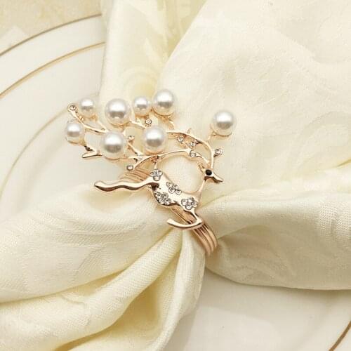6pcs Elk Napkin Rings Gold Silver Pearls Christening Bangle Metal Deer Napkin Holders Christmas Gifts Xmas Party Decorations