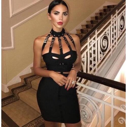 Free Shipping Summer Dress 2021 Sexy Mental Halter Black Bandage Dress Designer Punk Mini Party Dress