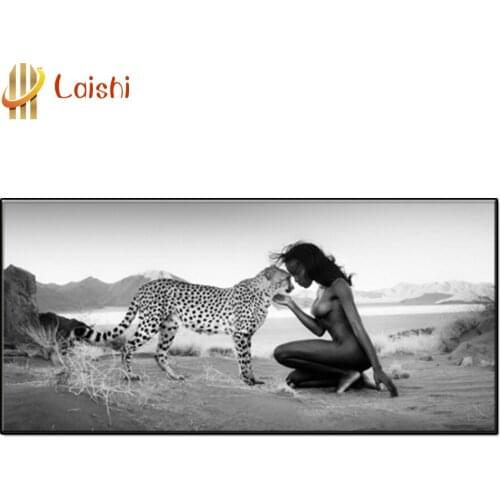 Diy Black and white art, leopard and little girl of African descent Diamond Painting Art Diamond Picture Mosaic Gift Home Decor