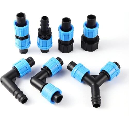 DN17 Drip Tape Pipe Locked Connectors 1/2" 3/4" Female Thread Straight Elbow Y Shape Optional Garden Water Connectors