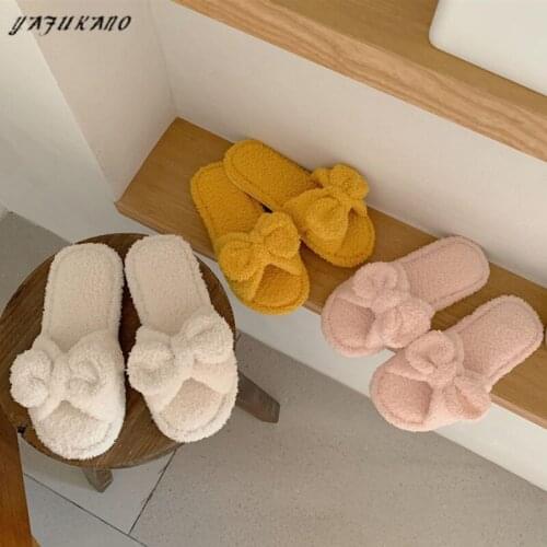 Japanese-Style Home Non-Slip Cotton Slippers Female Sweet Butterfly-Knot Cute Plush Velvet Indoor Shoes Winter Warm Flat Shoes