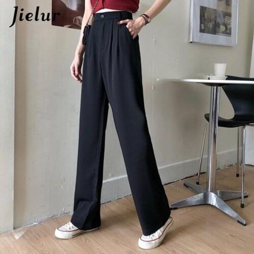 Jielur 2021 Korean Trousers High Waist Pants Casual Office Lady Workwear Blue Red Black Straight Pants for Women Spring S-L Size