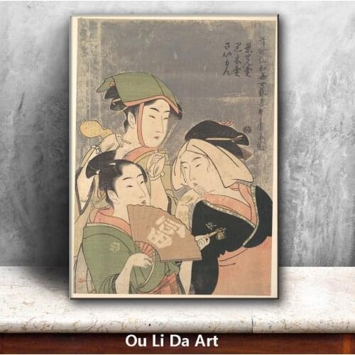 Classical Japan kimono three women fan oil painting canvas painting printings printed on canvas wall art decoration picture