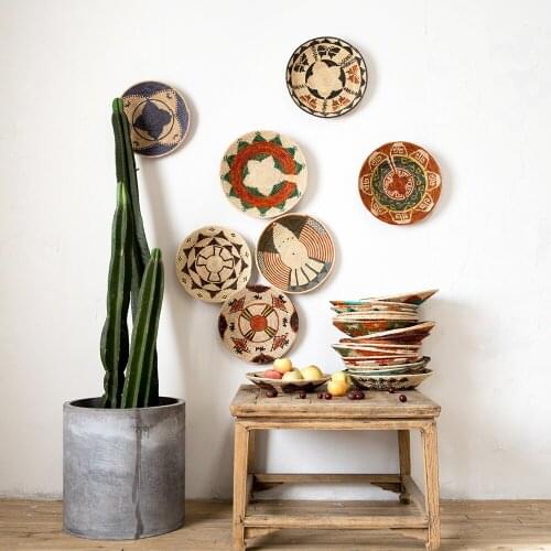 30 CM-39 CM ROUND RUSTIC HAND-WOVEN STRAW DESIGNER MODEL ROOM BACKGROUND WALL HANGING DECORATION FRUIT PLATE BOWLS