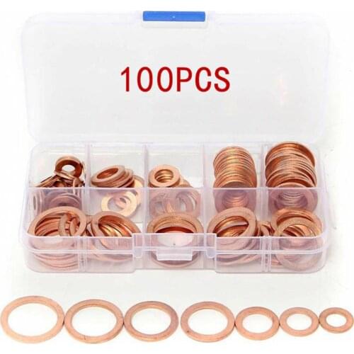 100pcs/set Copper Washer M4-M14 Professional Assorted Copper Washer Gasket Set Flat Ring Seal Assortment Kit