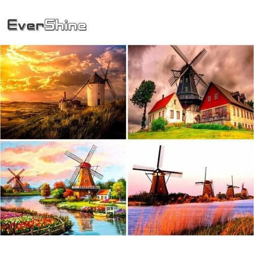 EverShine Diamond Painting Landscape Mosaic Kits Diamond Embroidery Full Square Windmill Cross Stitch Sunset Decor For Home