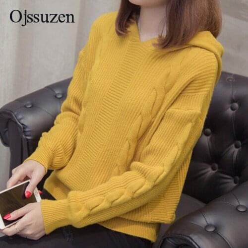 Autumn Winter Knitted Sweater Womens Pullovers Warm Soft Long Sleeve With Hooded Sweaters Female Knitwear Beige Yellow Blue
