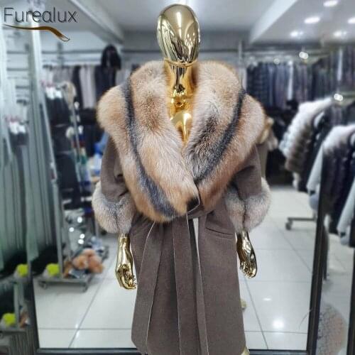 FUREALUX Woolen Coat With Natural Real Fox Fur Collar Winter Womens Long Fashion Elegant Warm Jacket 2021 New Slim Outercoat