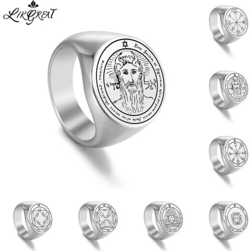 Sun of Solomon Rings for Men Magic Runes Simple Design Compass Ring Stainless Steel Pagan Amulet for Women Men Couple Jewelry