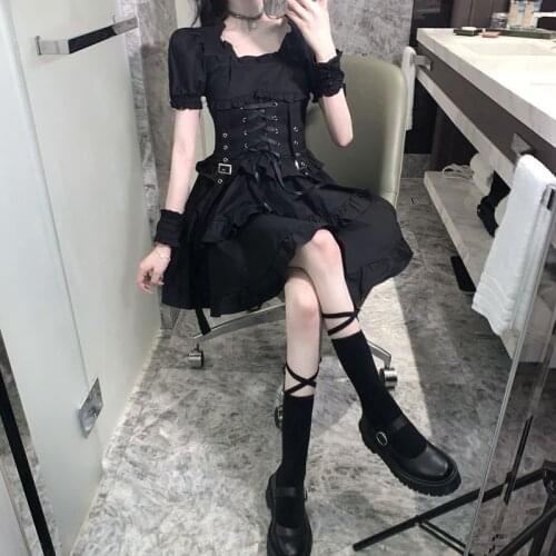 Victorian Renaissance Black Gothic Lolita Dress Japanese Girl Vintage Punk Style Puff Sleeve Bandage Mini Dress Women Dresses