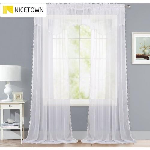 NICETOWN Pom Pom Sheer Curtains White Rod Pocket Fashion Voile Panels with Chic Tassels for Home Decor Lace Curtains