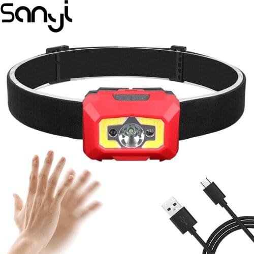 SANYI Motion Sensor Hands free Headlight Built-in Battery Waterproof Flashlight Head LED Head Lamp 5 Modes Portable Lantern