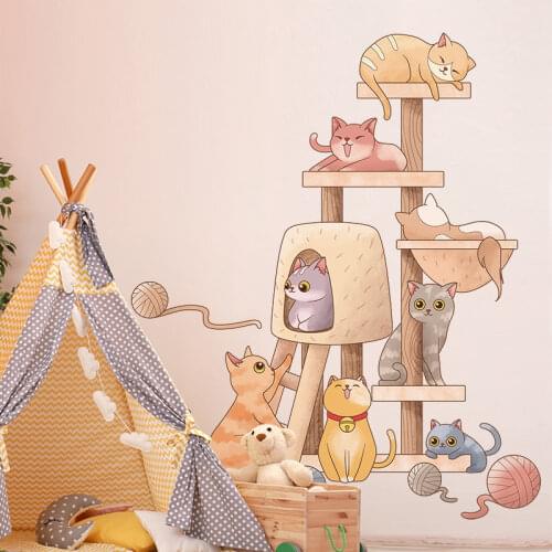 [SHIJUEHEZI] Cats Animals Wall Stickers DIY Cartoon Wooden Shelf Wall Decals for Kids Room Baby Bedroom Nursery Home Decoration