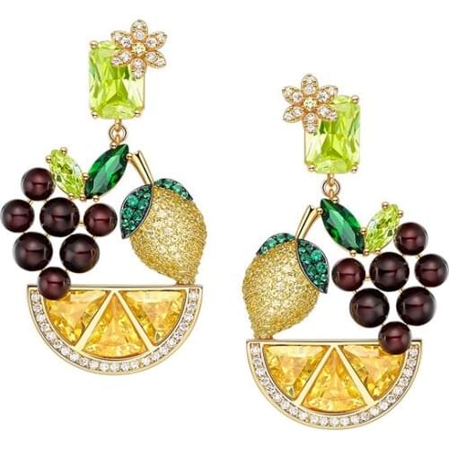 SLJELY Fashion Solid 925 Sterling Silver Mutlicolor Zircon Lemon Grape Fruit Earrings for Women Party Summer Vacation Jewelry