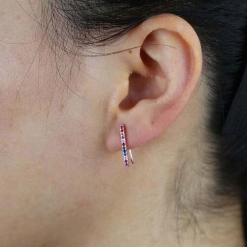 Fine Real 925 Sterling Silver Dainty Earring Minimal Delicate Design Gold Color Colorful Rainbow Cz Women Multi Wedding Earrings