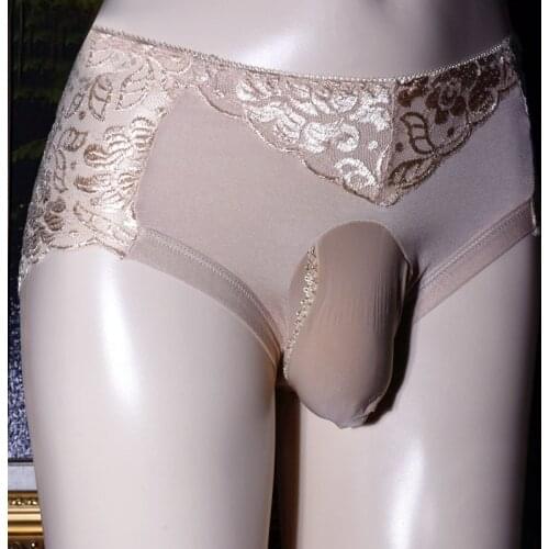 New Lace Sexy gay Shorts Opened Penis Sleeve Breathable Underwear Men Briefs Large Size Oily Penis Pouch Panties