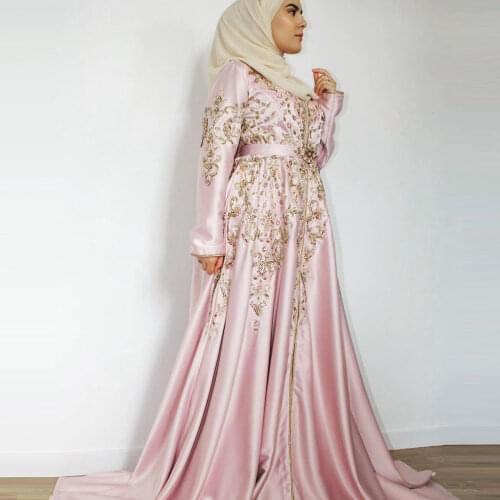 Pink Elegant Moroccan Caftan Evening Dress Floor Length With Train Applique Muslim Dubai Special Occasion Formal Prom Dress
