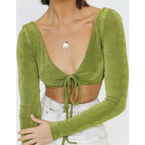 Thorn Tree Green Front Tie Up T-shirt Deep V-neck Long Sleeve Skinny Crop TopS Sexy Women Backless Tee Spring Autumn Streetwear