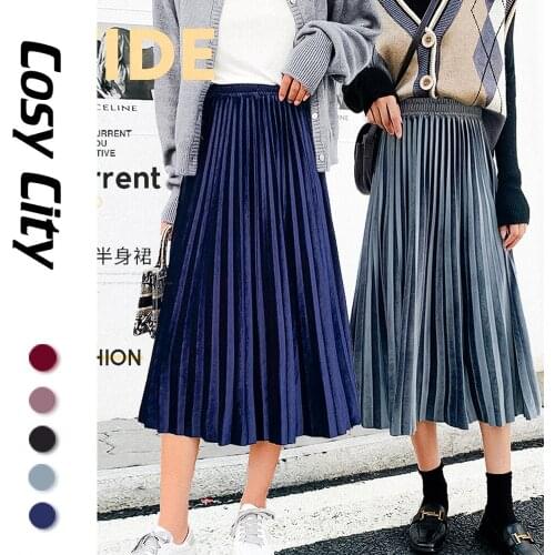 2021 Women Elegant Vintage Velvet High Waist Pleated Long Skirt Aesthetic Withered Skort Korean Fashion Autumn Winter Clothing