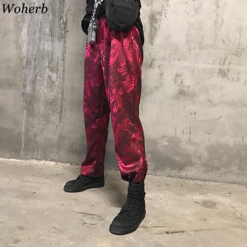 Woherb Girls Dragon Print Harajuku Pants Elastic Waist Wide Leg Straight Trousers 2021 Women and Man Casual Streetwear Pants