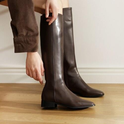 Women Fashion High Boots Black Leather Autumn Winter Shoes Platform Boot Square Head Zipper Boots Woman Size 33-42