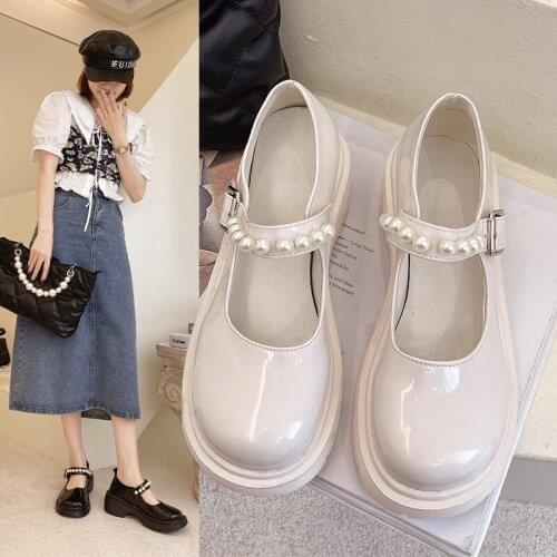 French Retro British Style Womens Shoes Women 2021 Spring New Beaded Fairy with A Thick Sole Mary Jane Single Shoes