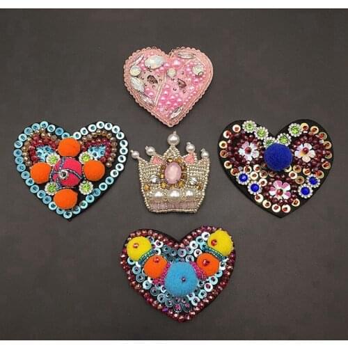 1Pcs Pearl Crystal Rhinestone Heart Love Crown Patches Clothing Sew on Clothes Appliques Badge Sticker Apparel Accessories