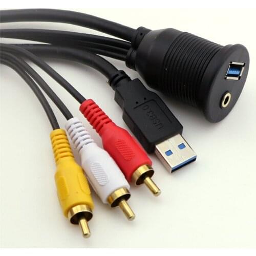 1x Car Dash Flush Mount USB 3.0 A Male and 3RCA Male to USB 3.0 A Female + 3.5mm Female Audio Cable Kit 2M