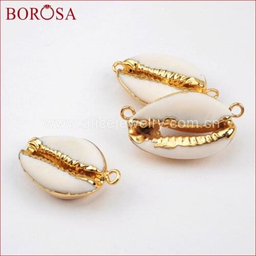BOROSA Gold Color Natural Cowrie Shell Connectors for DIY Bracelet,Lovely Tiny Cowrie Shell Connector Double Bails G1452