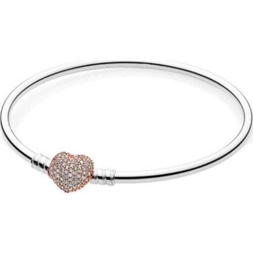 925 Sterling Silver Rose Gold Moments Pave Heart Clasp Crystal pandora Bracelet Bangle Fit Women Bead Charm Diy Europe Jewelry