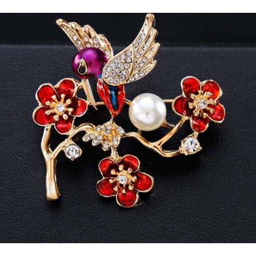 Plum Blossom Brooches Red Enamel Flower Magpie Bird Golden Ally Bouquet Brooch Pins Coat Jewelry High Quality Gift